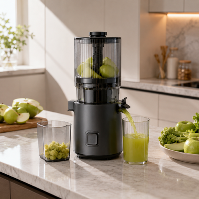 Centrifugeuse lente Fresh Smart HJ303 extra-large – Votre raccourci vers une nutrition réelle et complète avec goulotte de 155 mm, réservoir de 2400 ml, pressage à froid de 200 W et autonettoyant