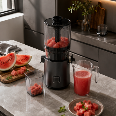 Fresh Smart HJ303 extra large Juicer à mastication lente L'art du jus fait sans effort avec une chute de 155 mm, une trémie de 2400 ml, une presse à froid de 200 W et un auto-nettoyage