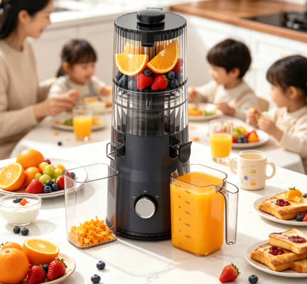 Centrifugeuse lente compacte Fresh Smart HJ103 – Conception peu encombrante avec goulotte de 135 mm, pressage à froid de 200 W et autonettoyante pour petites cuisines