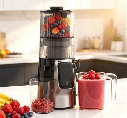 Centrifugeuse lente multifonction Fresh Smart HJ102D – Votre partenaire pour un mode de vie sain avec 6 modes, goulotte large de 135 mm, pressage à froid de 200 W et autonettoyage